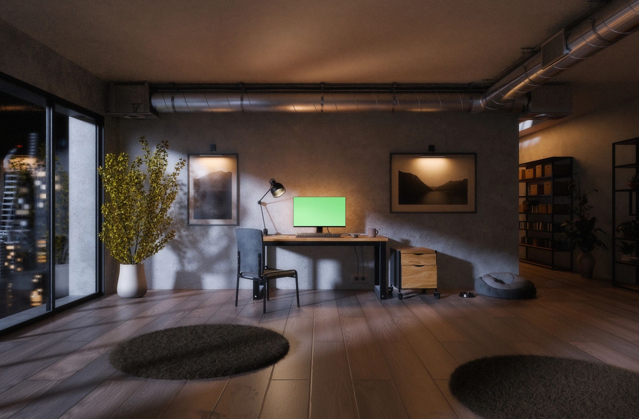 Modern workstation and desktop computer setup in a bright office