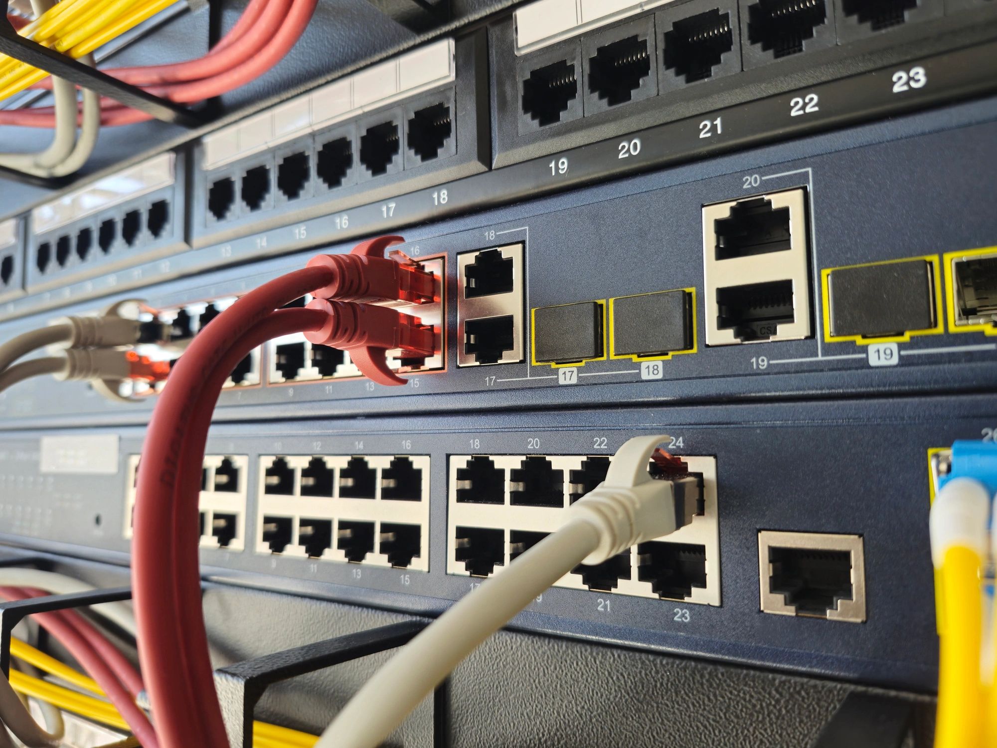 Network switch with connected Ethernet cables